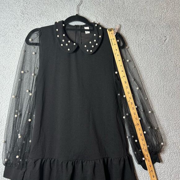 Dress Womens S Black Pearl‎ Beaded Tie Neck Mesh Bishop Sleeve Wedding Formal - Picture 4 of 9